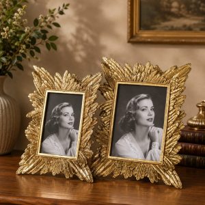 Gold feather picture frames with textured wing design on a wooden table